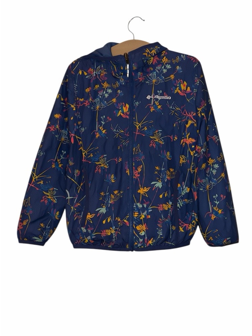 Columbia girls reversible blue Floral jersey nylon Hooded Jacket sz 7-8